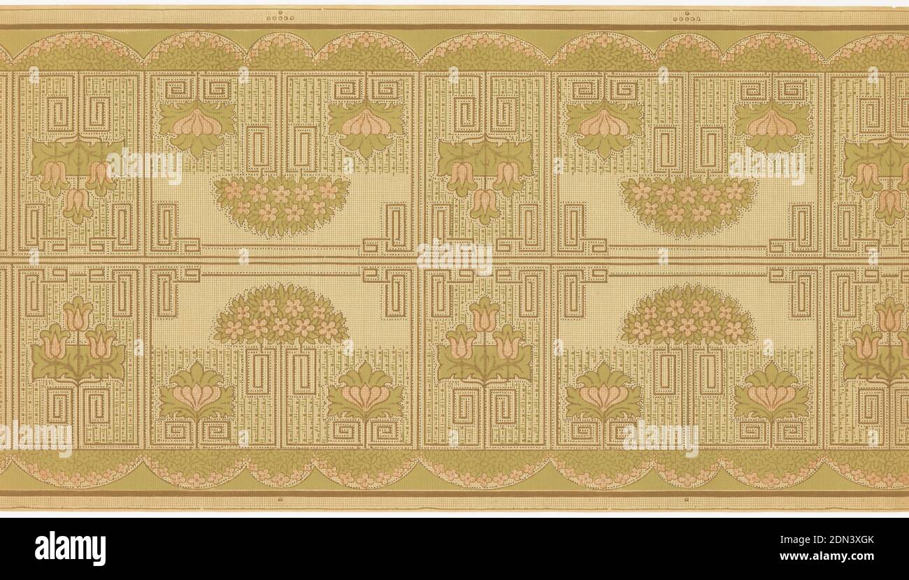 Frieze, Machine-printed paper, Mission style. Border printed two across the width. Alternating rectangular shapes with stylized floral and geometric patterns (key patterns and other geometric designs). The flowers in the smaller rectangles are a set of three tulips and in the larger rectangles are flowering bushes set above two large flowers. The bottom has a scalop design with floral bushes.All forms are outlined in beading. Ungrounded and covered in a grid. Printed in pink liquid mica, green and brown., USA, 1905–1915, Wallcoverings, Frieze Stock Photo