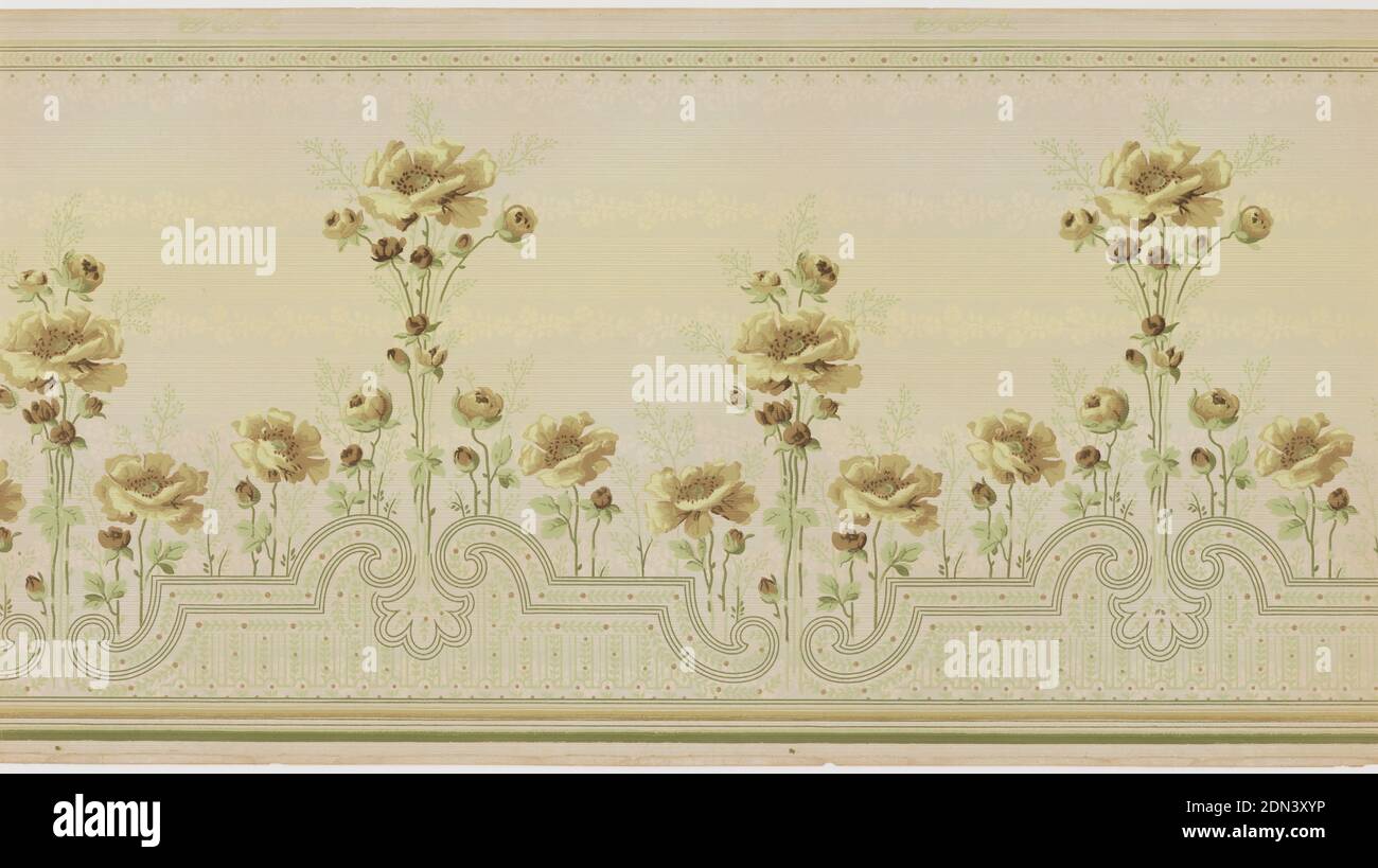 Frieze, Liberty Wall Paper Company, Schuylerville, New York, Machine-printed paper, Row of staggered yellow poppies stemming from scroll-like architectural structures filled with thin leafy vines. Bottom has stripes of yellow and green. Grounding is shaded from light pink (top and bottom) to light yellow (middle). The monochrome blue background design alternates between floral bands and groups of thin lines. Top has stripes of green and foliate bands (same as in architectural structure)., Possible inscription in selvedge: ribbon with illegible letters (Standard Papers?), Schuylerville Stock Photo