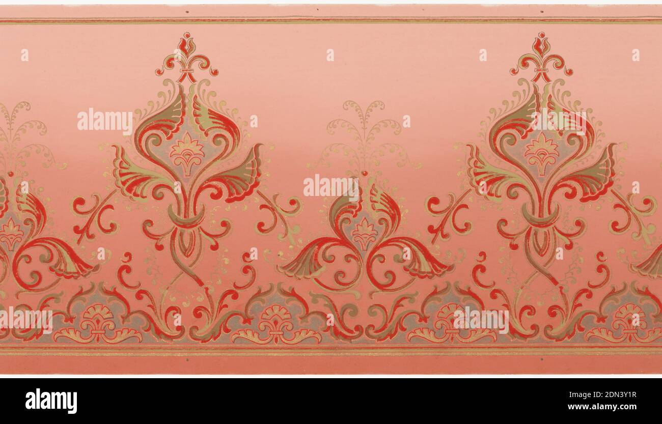 Frieze, Machine-printed paper, liquid mica, Very stylized pod flowers, alternating large and small. Background shades from pink at top to deep red at bottom., USA, 1905–1915, Wallcoverings, Frieze Stock Photo
