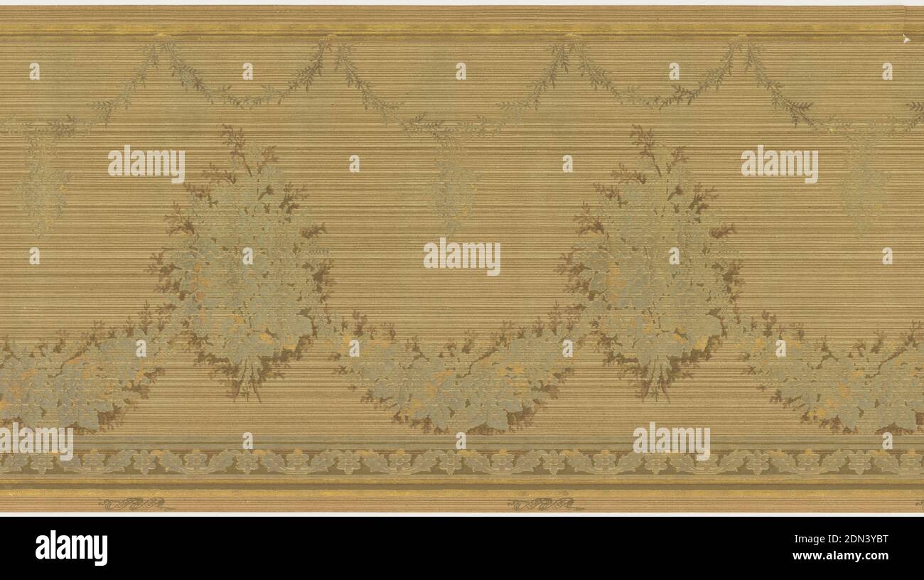 Frieze, Liberty Paper & Bag Co., Machine-printed paper, A repeating design of large monochromatic bouquets of flowers interconnected by complementary floral swags. Below a hanging complementary wreath, upon a striated beige and olive green ground. Printed in cream, beige, olive green, rust, silver, gold and bronze., USA, 1905–1915, Wallcoverings, Frieze Stock Photo