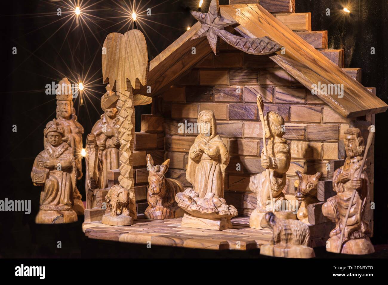 A wooden manger scene craved from Olive wood from Israel Stock Photo