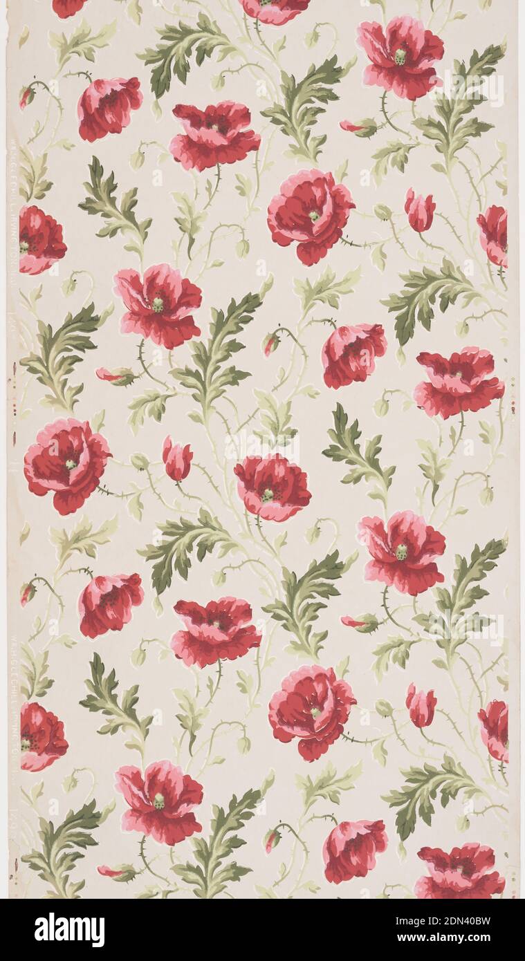 Sidewall, William H. Gledhill, Machine-printed paper, liquid mica, Bright pink poppy flowers and green foliage appear randomly scattered, printed on tan ground., Irvington, New Jersey, USA, 1905–1915, Wallcoverings, Sidewall Stock Photo