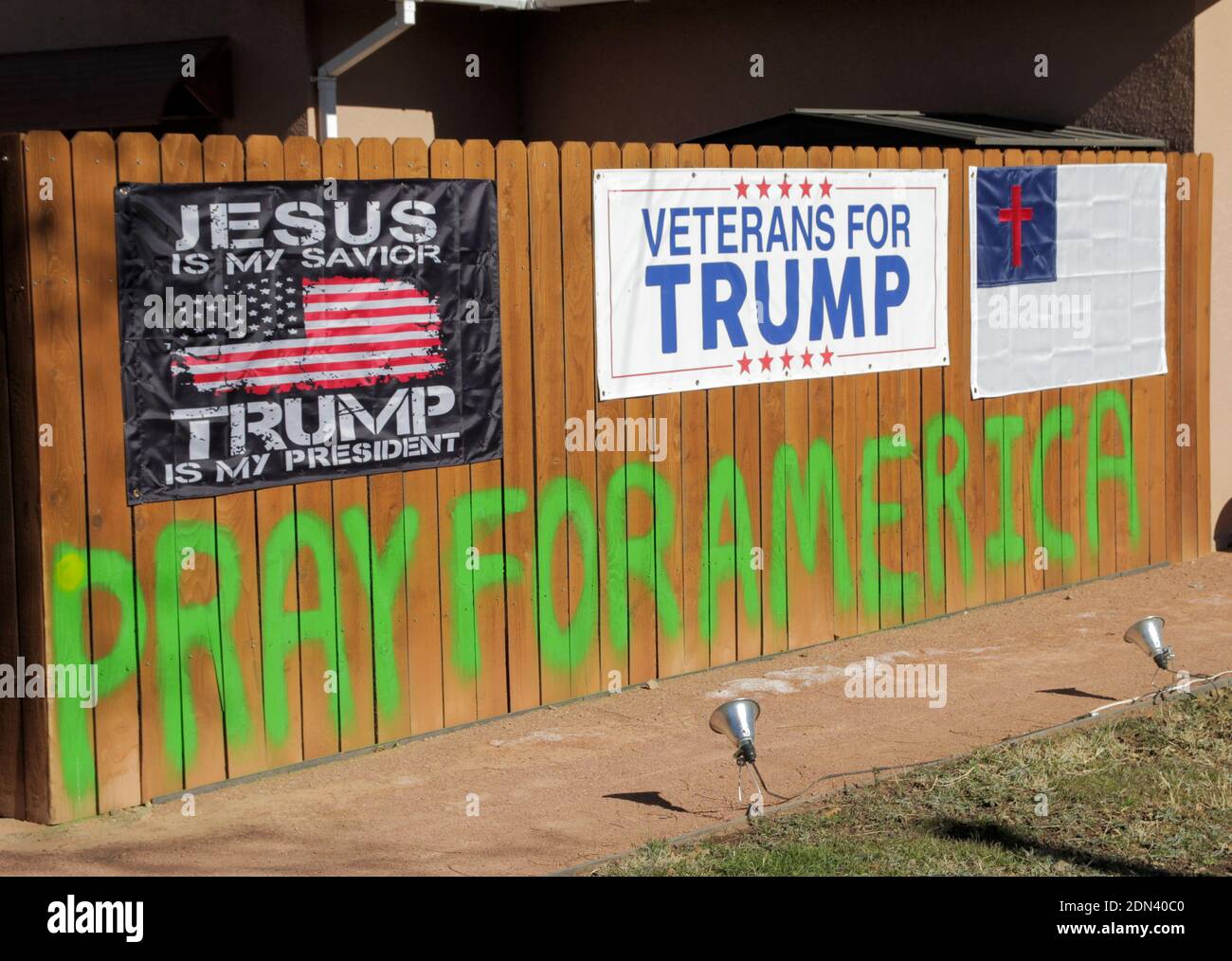 An Alpine, Texas, supporter of President Donald Trump uses his home to publicly convey his political support and choices. Stock Photo