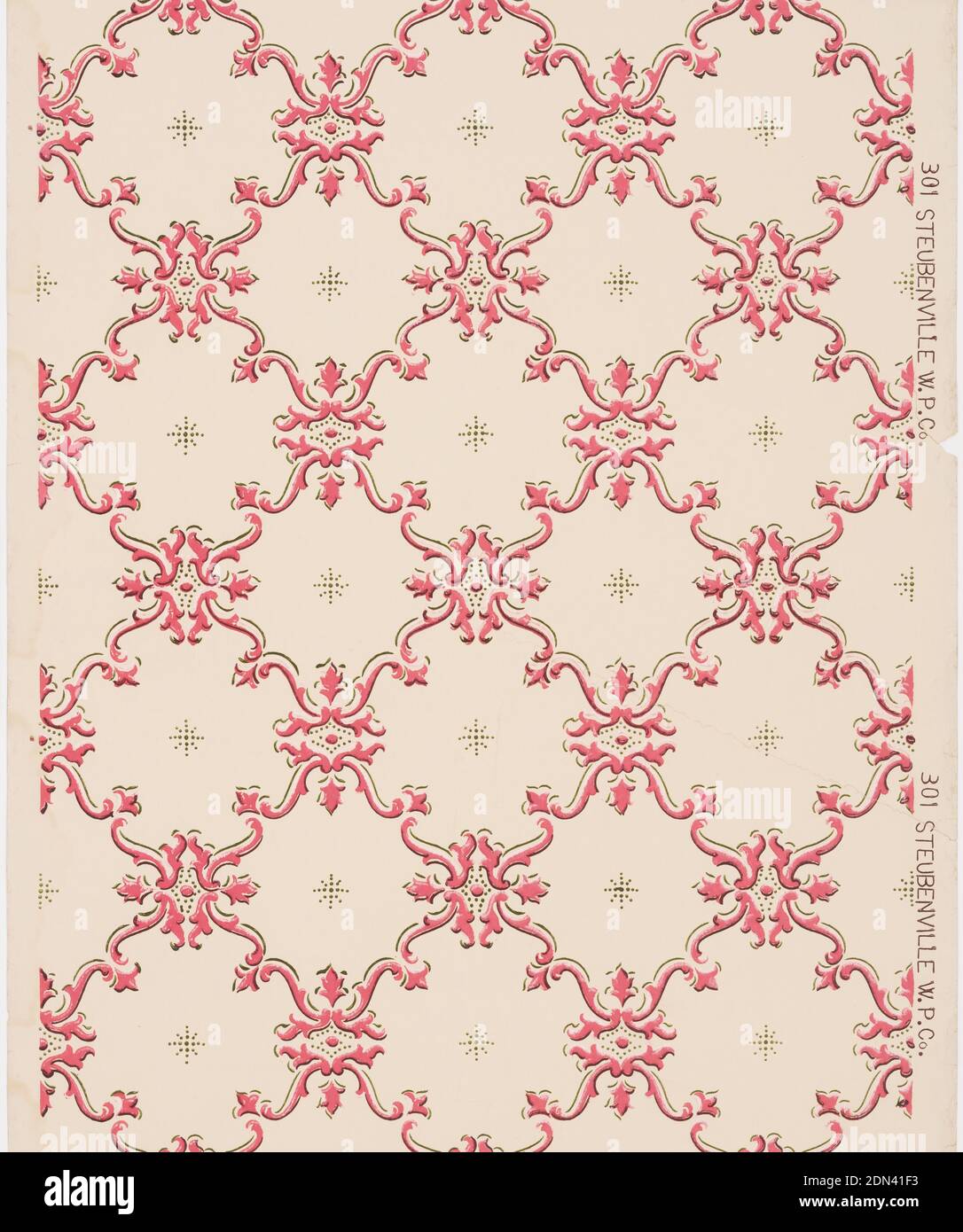 Ceiling paper, Steubenville Wallpaper Company, The, 1905, Machine-printed paper, On light gray ground, dark pink scroll treillage, containing asterisks made up of dots., Steubenville, Ohio, USA, 1905–1915, Wallcoverings, Ceiling paper Stock Photo