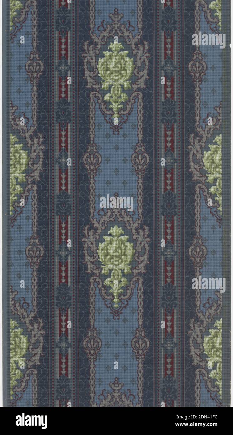 Sidewall, Imperial Wallcoverings Inc., Machine-printed paper, Bold multi-color stripe, alternating with foliate medallions. Printed in blue, red and green on blue ground., Sandy Hill, New York, USA, 1905–1915, Wallcoverings, Sidewall Stock Photo