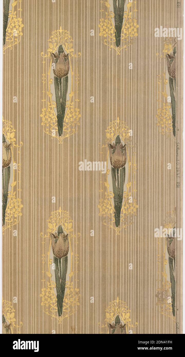 Sidewall, Maxwell & Co., S.A., Chicago, Illinois, USA, Machine-printed paper, Repeating motif of tulip on long stem with leaves. Tulip is surrounded by framework of gold tracery. Printed on a striped tan ground., USA, 1905–1915, Wallcoverings, Sidewall Stock Photo