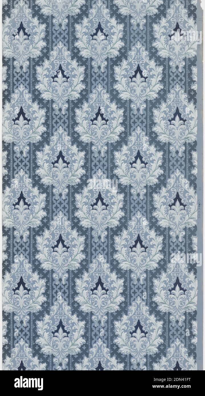 Sidewall, Machine-printed paper, Design of closely spaced foliate medallions. Printed in shades of blue on striped blue background., USA, 1905–1915, Wallcoverings, Sidewall Stock Photo