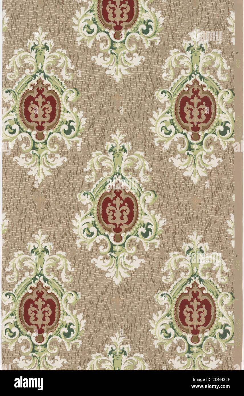 Sidewall, Machine-printed paper, On gray ground with allover white and black specks, staggered medallions composed of framed white scrolls, beaded frame and inside burgundy ground with lavender scroll motif., USA, 1905–1915, Wallcoverings, Sidewall Stock Photo