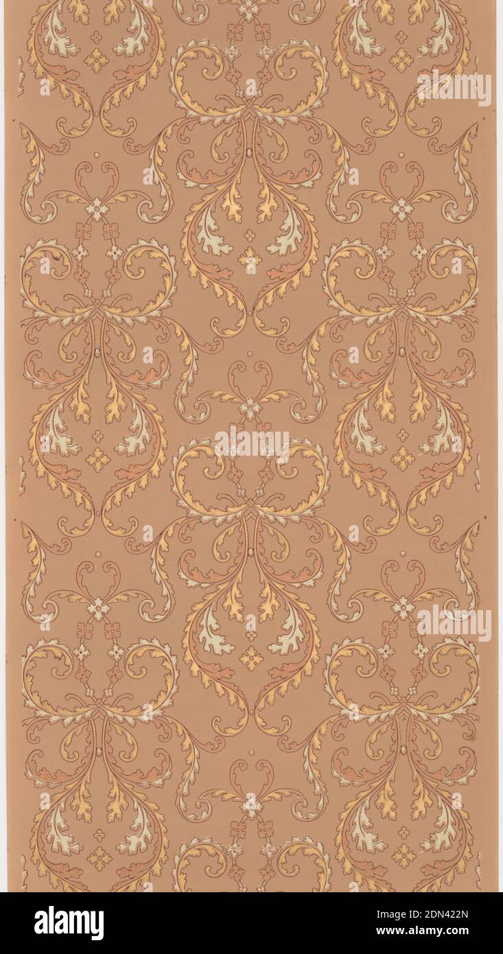 Sidewall, Machine-printed paper, Scrolling foliage forming medallions. Printed in metallic gold and copper pigments on light brown ground., USA, 1905–1915, Wallcoverings, Sidewall Stock Photo