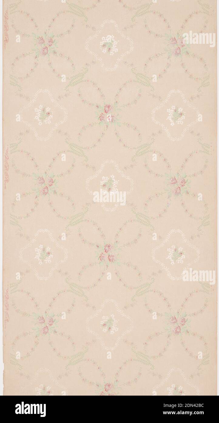 Ceiling paper, Liberty Wall Paper Company, Schuylerville, New York, Machine-printed paper, liquid mica, On tan ground, treillage composed of rinceaux with small purple flowers, with rhombus white rinceaux containing white flower clusters., Schuylerville, New York, USA, 1905–1915, Wallcoverings, Ceiling paper Stock Photo