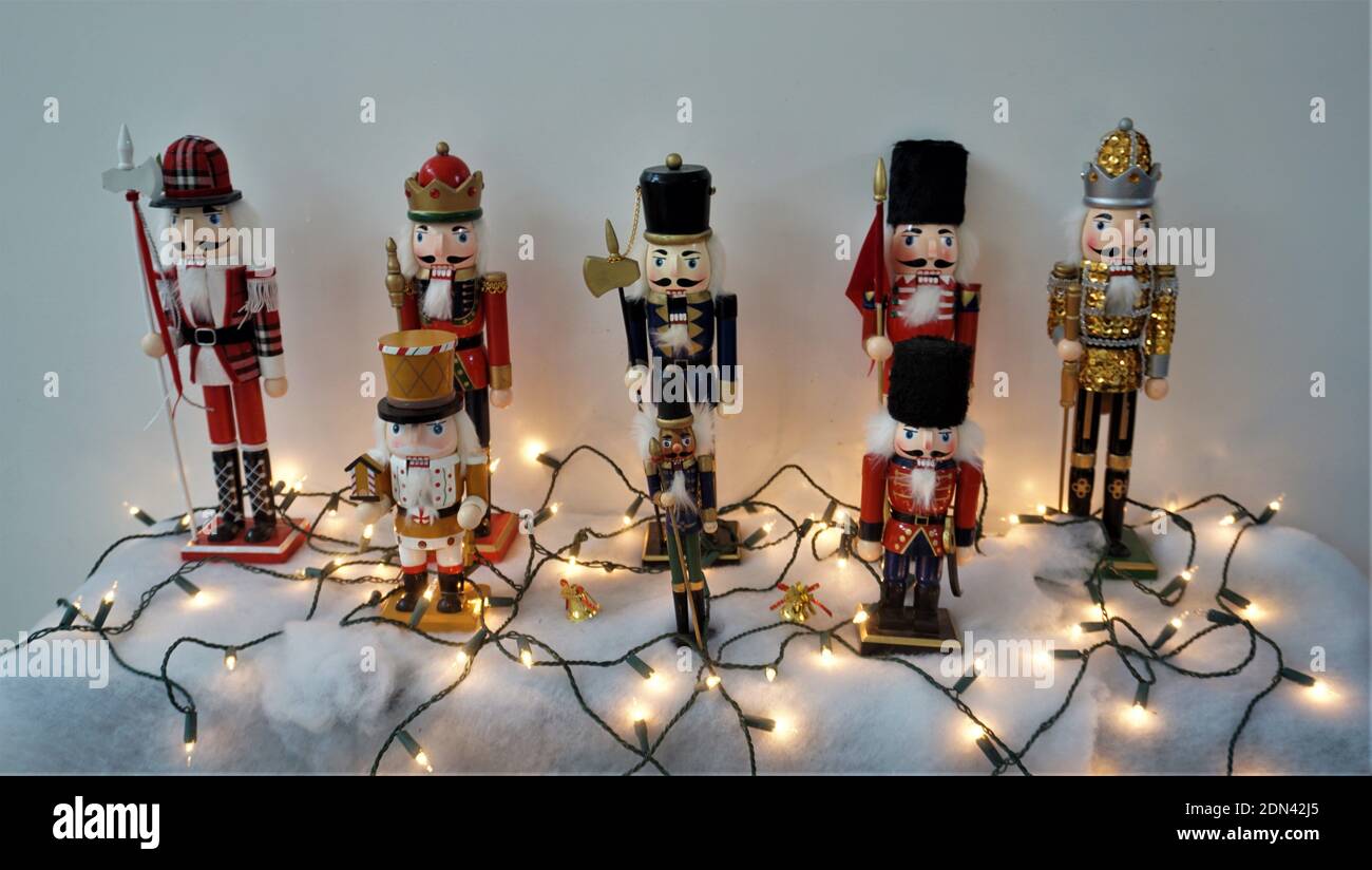 Nutcrackers with Christmas lights Stock Photo Alamy