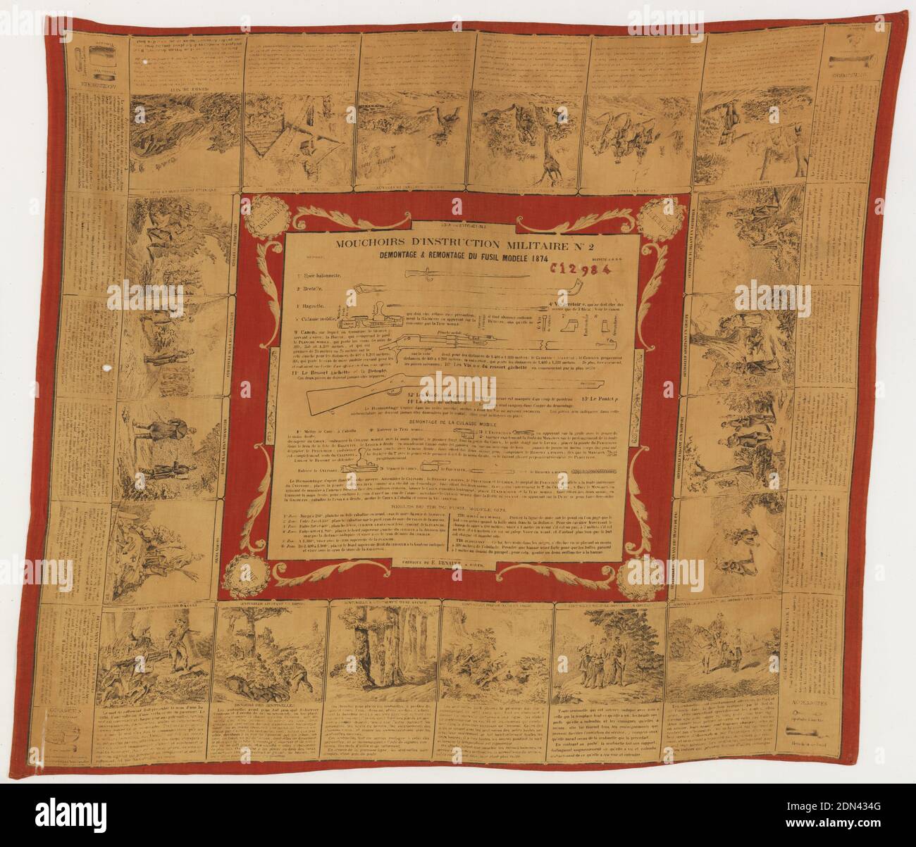 Muchoirs D’instruction Militaire, E. Renault, Medium: cotton Technique: printed on plain weave, Red cotton handkerchief printed with black design on cream ground showing military activities. At center are instructions on instruction on the stripping and assembly of the 1886M93 Lebel rifle. Printed at top: Muchoirs D’instruction Militaire (military training handkerchief)., Rouen, France, 1874, printed, dyed & painted textiles, Handkerchief, Handkerchief Stock Photo