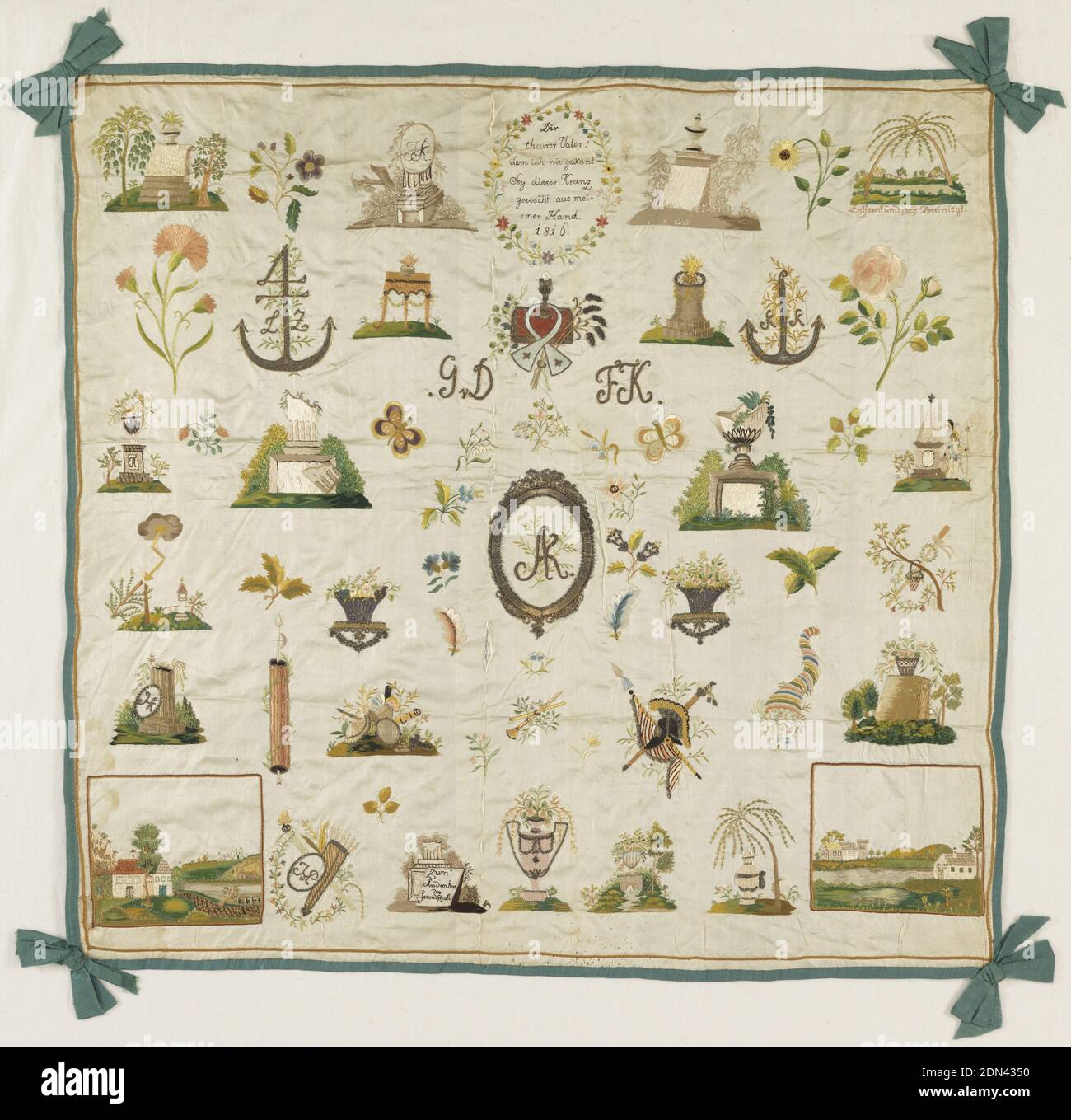 Sampler, Medium: silk, metal-wrapped silk, and flat metal strip embroidery on silk foundation Technique: embroidered in chain, stem, satin, running, couching, knots, and back stitches on plain weave foundation, Isolated memorial and floral motifs mounted on green silk. German text 'Dir theurer Vateri demich nie gekant Sey dieser Kranz geweit aus meiner Hand 1816.' 'To you dear father, whom I never knew, this wreath made by my own hand.' 'Entfernfund doch Vereiniegt.' 'Going away from union.' 'Zum Andenken dez freundschaht.', Austria, 1816, embroidery & stitching, Sampler Stock Photo