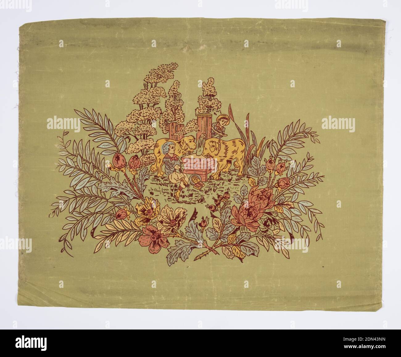 Window shade, Block printed and flocked, applied mica flakes, canvas, Two boys and two large dogs at watering trough. Surrounded by foliage. Printed in metallic colors and burgundy flock on light green fabric support. Flitter shade with applied gold mica flakes., USA, 1875–1900, Wallcoverings, Window shade Stock Photo