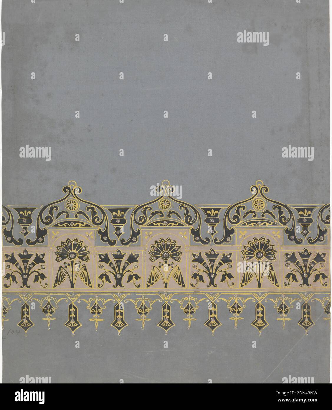 Window shade, Block-printed, Band of stylized floral motifs, with two motifs alternating, near bottom edge. Printed in black and gold with mica flake highlights, on mauve background. Band of ornament above and pendants below. Printed on gray fabric support., USA, 1880–1900, Wallcoverings, Window shade Stock Photo