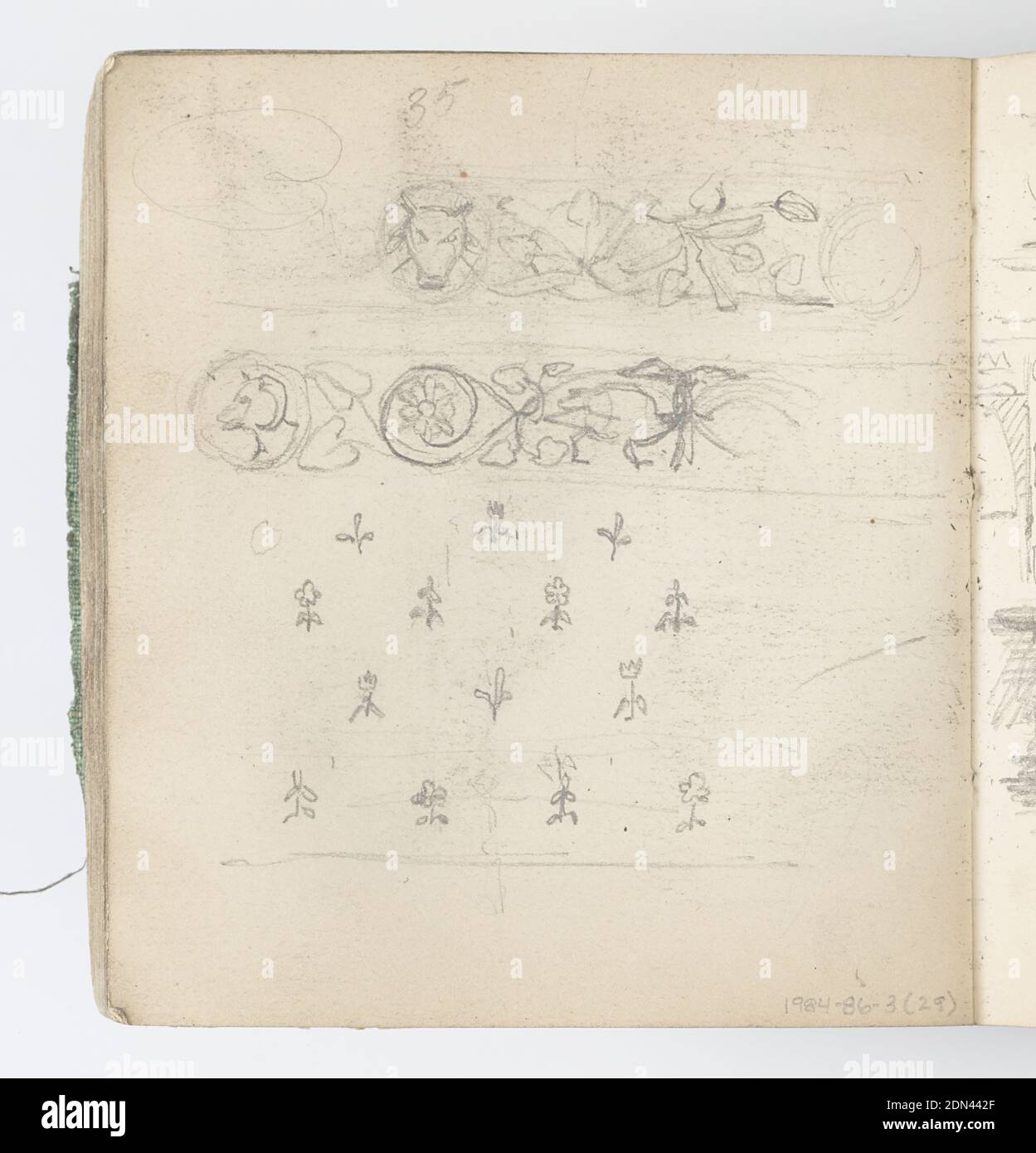 Sketchbook Page: Three-Lobed Leaf, Kenyon Cox, American, 1856–1919, Graphite on paper, Recto: Study of a three-lobed leaf; sketch of decorative motif below, with four symmetrical three-lobed leaves., Verso: Sketch of two decorative friezes, above, and pattern with flowers, below., USA, 1874, albums (bound) & books, Sketchbook folio, Sketchbook folio Stock Photo
