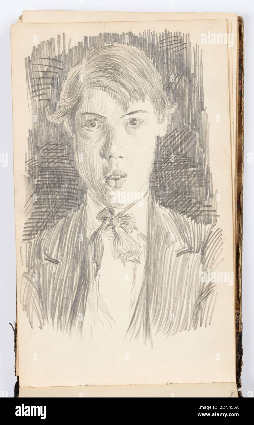 Sketchbook Page: Self-Portrait, Kenyon Cox, American, 1856–1919, Graphite on paper, Self-portrait of the artist in a jacket and tie, looking directly ahead., USA, 1875, albums (bound) & books, Sketchbook folio, Sketchbook folio Stock Photo