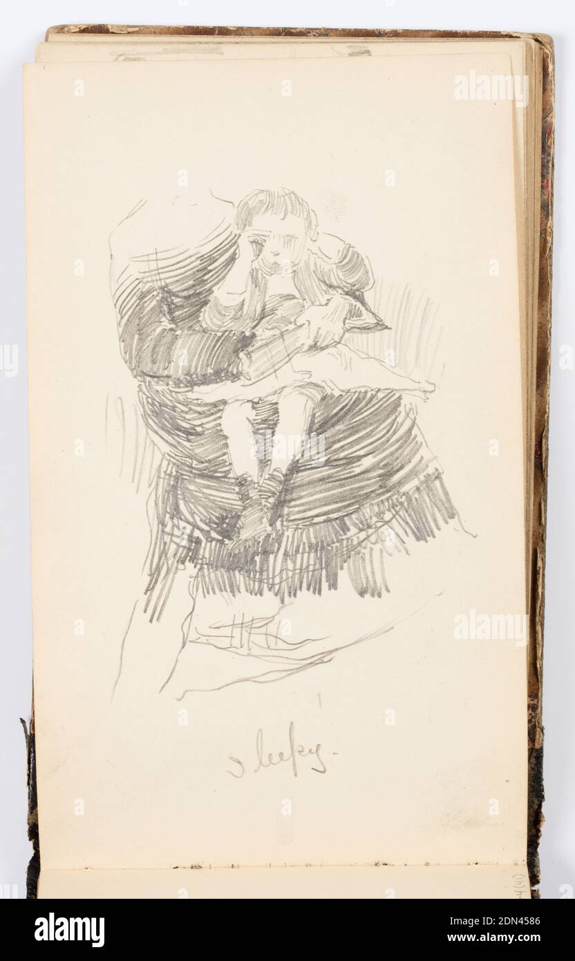 Sketchbook Page: Sleepy, Kenyon Cox, American, 1856–1919, Graphite on paper, Sketch of a small child seated on a woman's lap, rubbing his eye with his hand. The woman holds the child; her face is not pictured., USA, 1875, albums (bound) & books, Sketchbook folio, Sketchbook folio Stock Photo