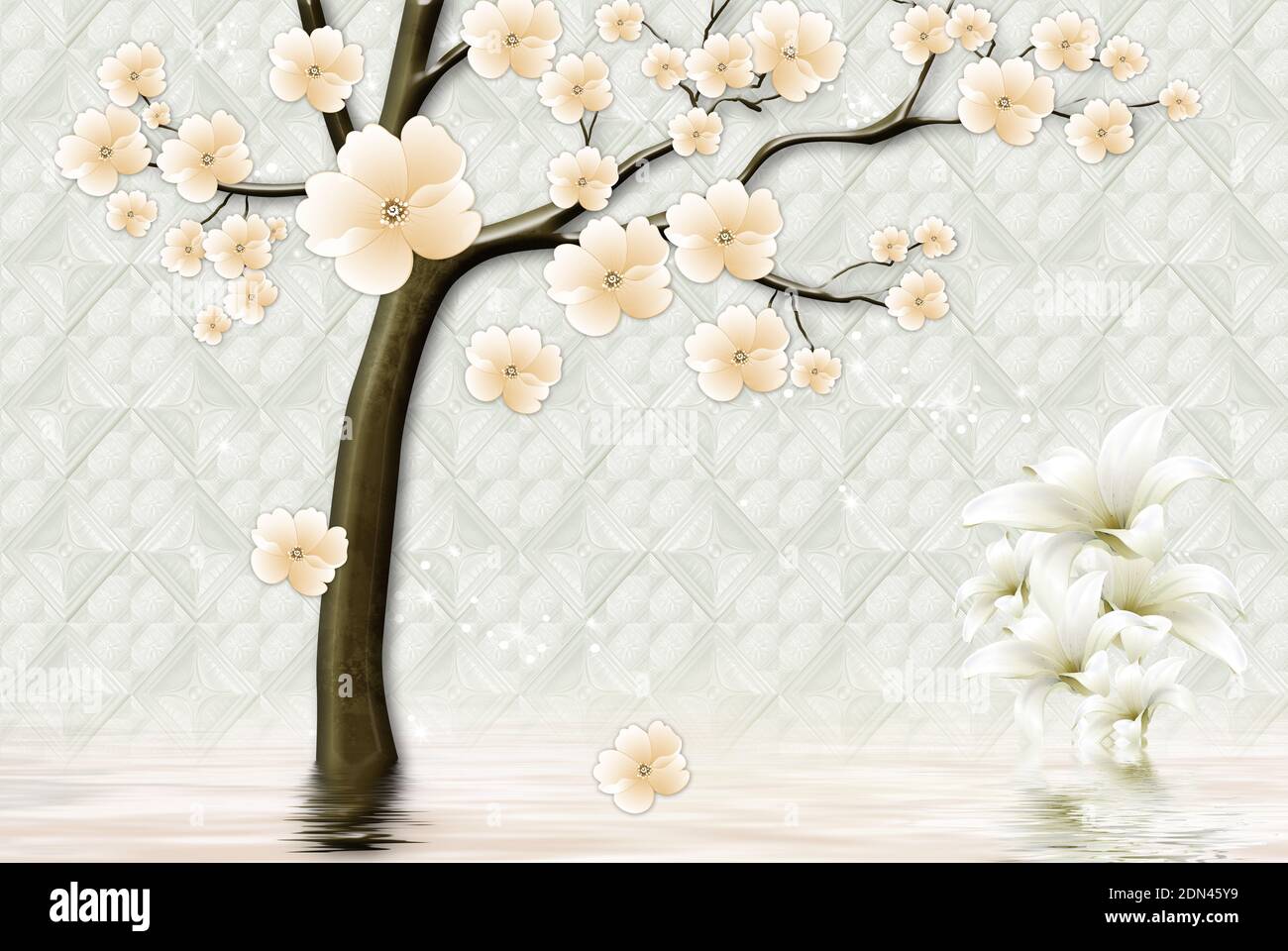 3d mural wallpaper dark brown tree with flowers . white classic background  Stock Photo - Alamy