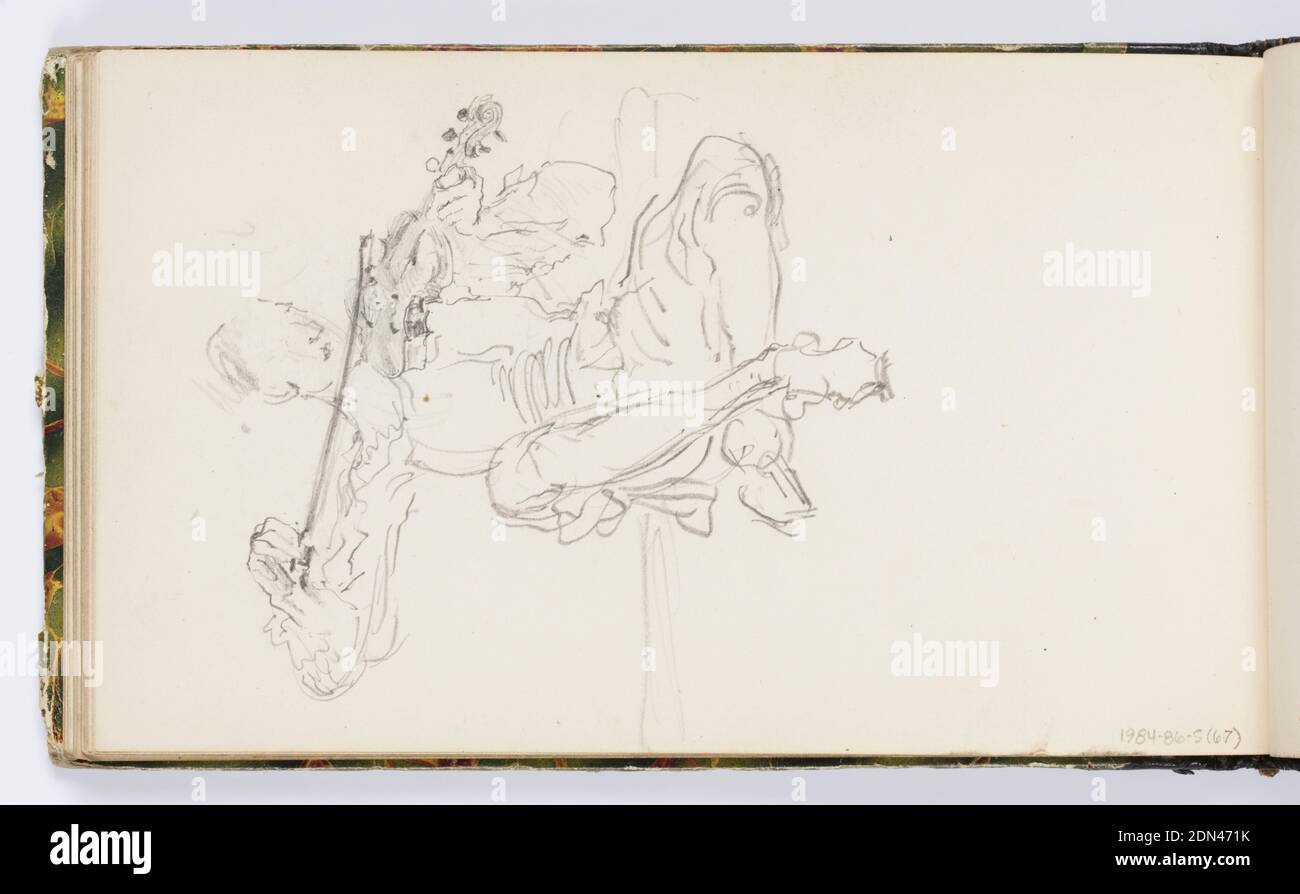 Sketchbook Page: Seated Figure with Violin, Kenyon Cox, American, 1856–1919, Graphite on paper, Seated male figure, possibly in period costume, playing a violin., USA, 1875, albums (bound) & books, Sketchbook folio, Sketchbook folio Stock Photo