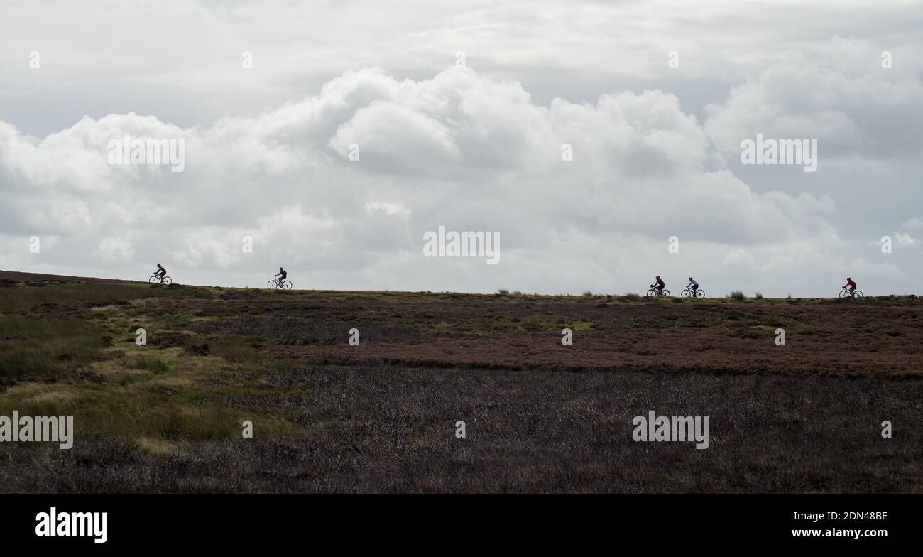 A group of five cyclists spread apart and seen in profile cycle along a moorland path Stock Photo