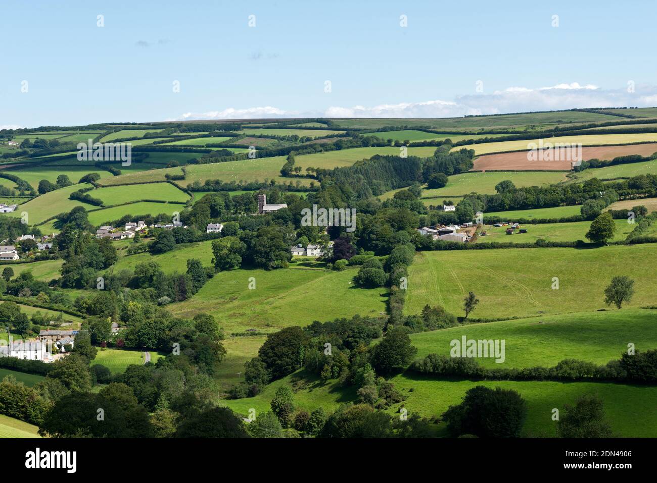 View of Exford Village from Room Hill in the Exmoor National Park in Somerset England ,UK on a bright summers day Stock Photo