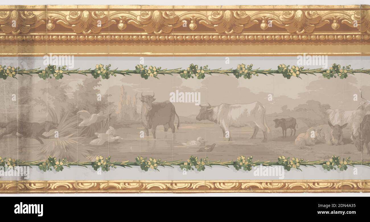 Decor Pastoral, Desfossé et Karth, French, 1863, Block-printed paper, Grisaille design of cattle in a river scape with a chasing geese, architectural molding at either edge., ca. 1830, Wallcoverings, Frieze, Frieze Stock Photo