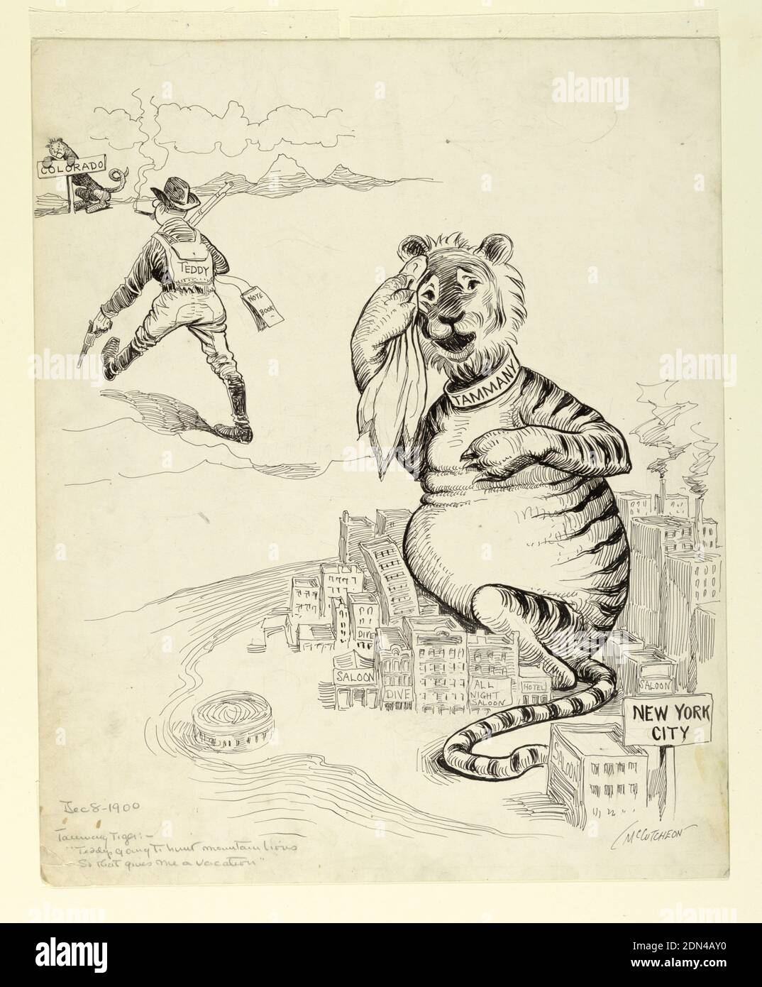 Tammany Tiger: 'Teddy's going to hunt mountain lions so that gives me a vacation', Pen and black ink, graphite on illustration board, Cartoon for The Chicago Tribune on December 8, 1900. A huge tiger wipes sweat from his brow; his collar reads Tammany, and his large belly appears to comically bend skyscrapers in New York City. Teddy Roosevelt is seen in the upper left, heading to Colorado on a hunting trip with guns in hand., USA, 1900, figures, Drawing Stock Photo