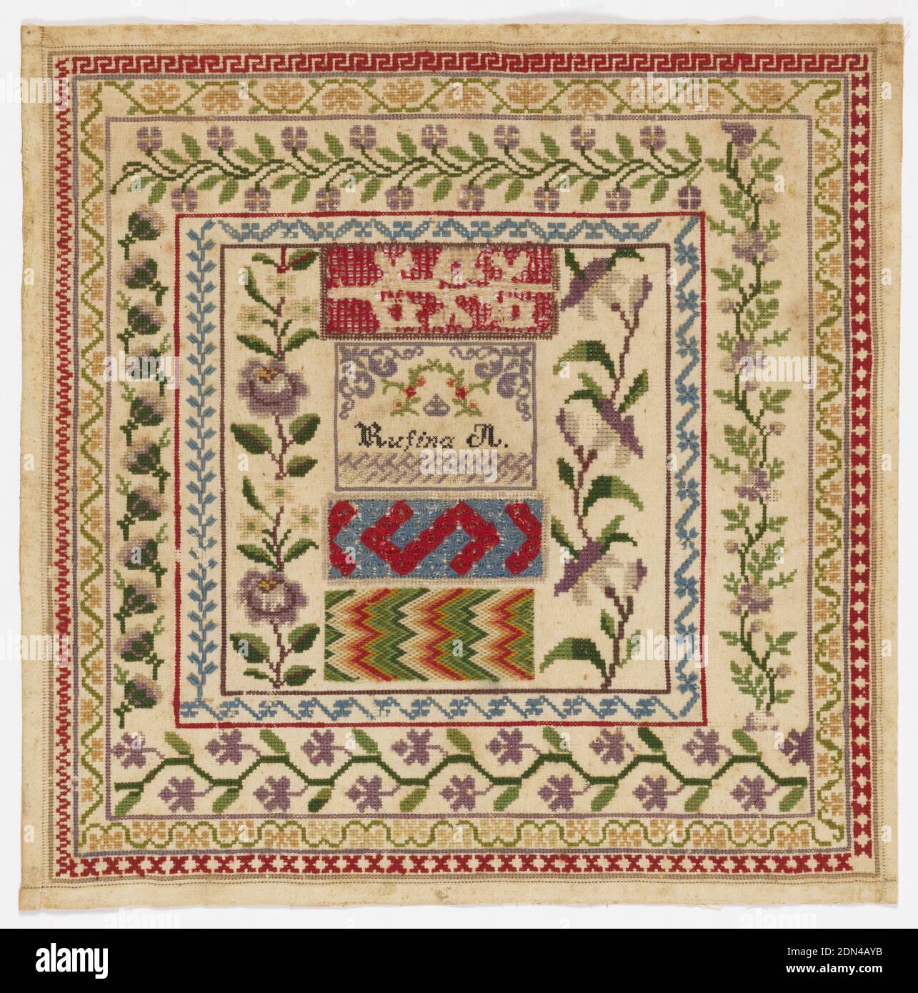Sampler, Medium: wool embroidery on cotton foundation Technique:  embroidered in cross and counted satin stitches with open work on plain  weave foundation, Worked in brightly colored wools in blue, green, yellow,  orange,