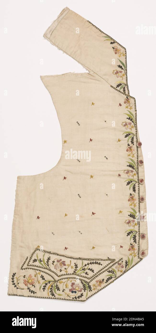Waistcoat, Medium: silk, metallic thread, metal sequins Technique: embroidered, Right front of man's waistcoat in cream-colored silk with multicolored floral embroidery down the front and along the bottom. In a cutaway style with wide standup collar and pointed pocket flaps. Body of the waistcoat is decorated with sequins and single leaves., France, ca. 1775, costume & accessories, Waistcoat Stock Photo