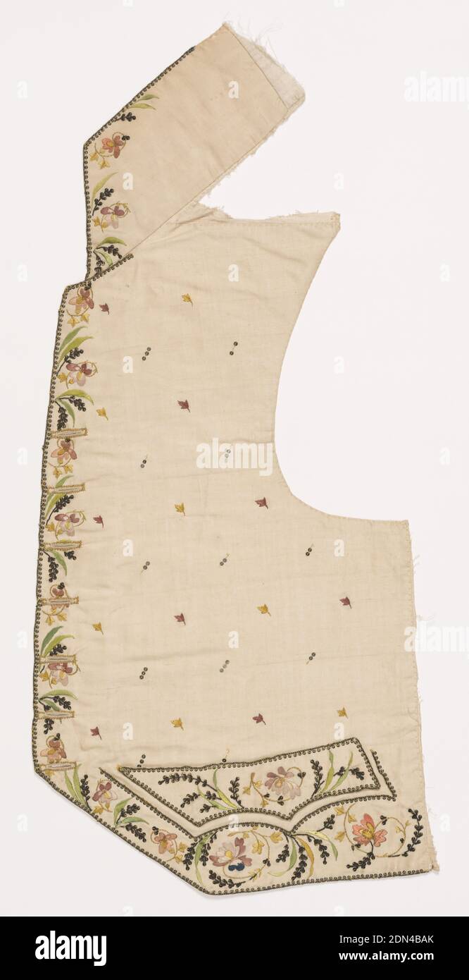 Waistcoat, Medium: silk, metallic thread, metal sequins Technique: embroidered, Left front of man's waistcoat in cream-colored silk with multicolored floral embroidery down the front and along the bottom. In a cutaway style with wide standup collar and pointed pocket flaps. Body of the waistcoat is decorated with sequins and single leaves., France, ca. 1775, costume & accessories, Waistcoat Stock Photo