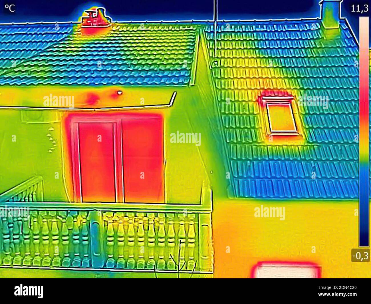 Thermal image Heat Loss in the attic at the family House Stock Photo