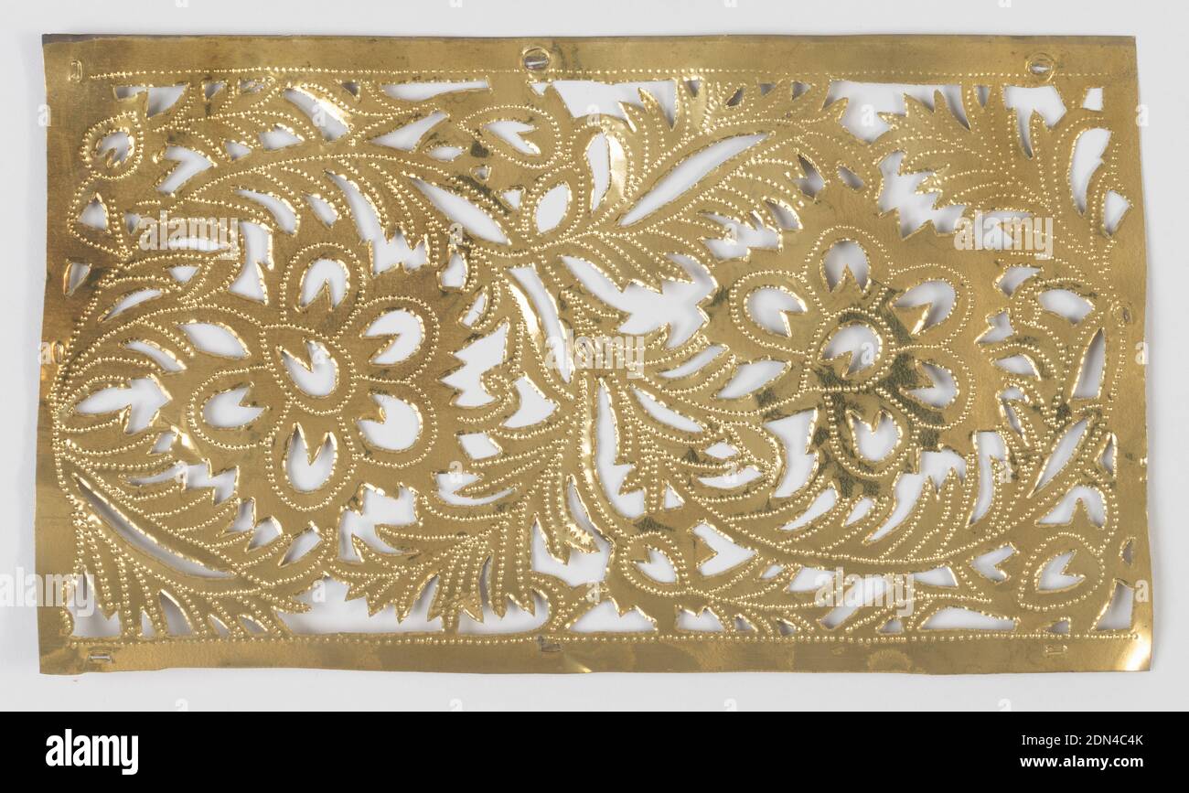 Cut-out, Lockwood de Forest, American, 1850–1932, Pierced and cut-out sheet brass foil, Trailing foliate vine with stylized flowerheads on a bordered rectangular panel, 1881–90, metalwork, Decorative Arts, Cut-out Stock Photo