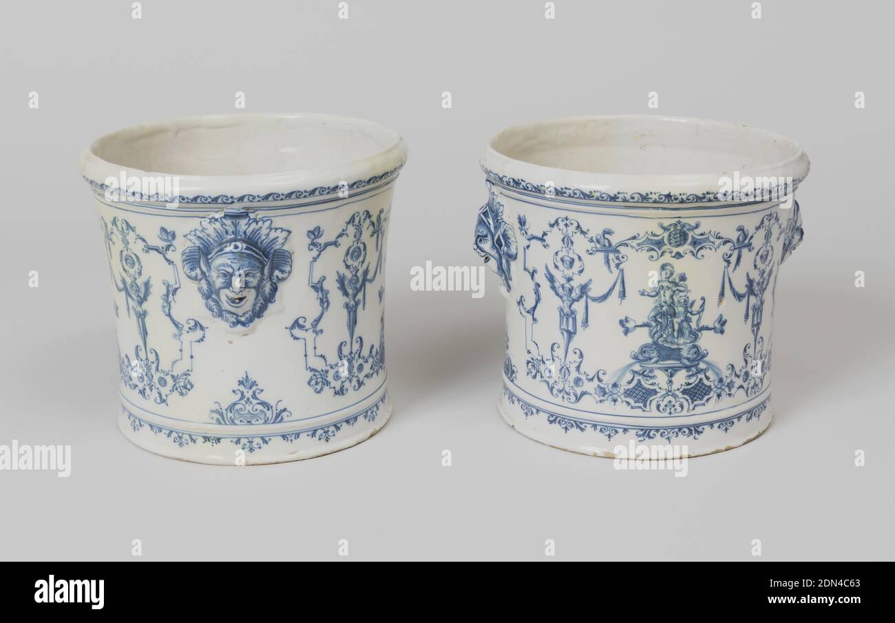 Cache-pot, Clérissy Factory, established ca. 1686, Tin-glazed earthenware, One of a pair. Berainesque blue decoration with molded mascaron at sides., ca 1730, costume & accessories, Decorative Arts, Cache-pot Stock Photo