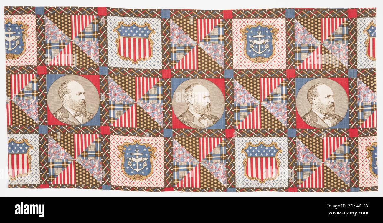 Textile, Medium: cotton Technique: printed, Printed patchwork fragment has the image of President James A. Garfield and alternating shield flags patterned with either stars and stripes or an anchor with stars. Remaining quadrants have a printed patchwork design and are divided into eight equal triangles filled with four different patterns. This particular image of Garfield in profile wearing a white shirt and dark jacket and tie is based on a photograph from the Pach Brothers photography studio of New York and was widely circulated around the United States., USA, 1880, printed, dyed & painted Stock Photo