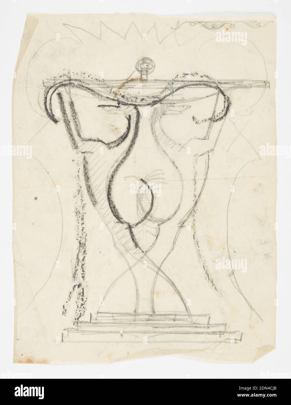 Design for Table, Hounds, William Hunt Diederich, American, b. Hungary, 1884–1953, Graphite and charcoal on paper, Design for a console table intended to be executed in iron. Two elongated hounds standing on their hind legs form the base of the table, their outstretched hands supporting the table top., USA, ca. 1916, furniture, Drawing Stock Photo