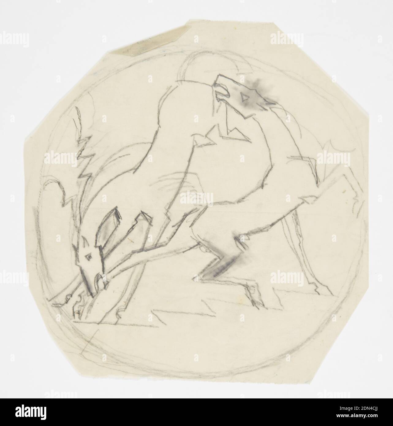 Design for Trivet, Fighting Horses, William Hunt Diederich, American, b. Hungary, 1884–1953, Graphite on paper, Design for a trivet. Within circular frame, two bucking horses biting each other at the ankle and rear., USA, 1917, figures, Drawing Stock Photo