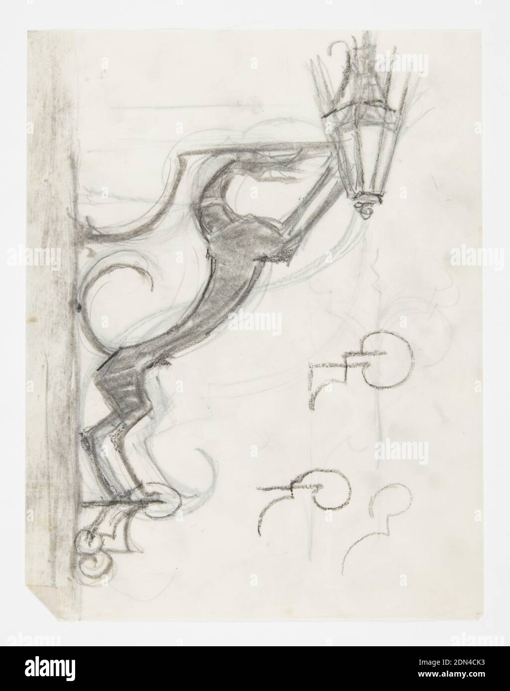 Design for Sconce, Hound, William Hunt Diederich, American, b. Hungary, 1884–1953, Graphite and charcoal on paper, Design for a wall-mounted sconce intended to be executed in metal. Figure of a hound with curling tail forms the armature, the glass lantern at the tips of its outstretched arms. At lower right, sketchy ornamental details., USA, ca. 1920, lighting, Drawing Stock Photo