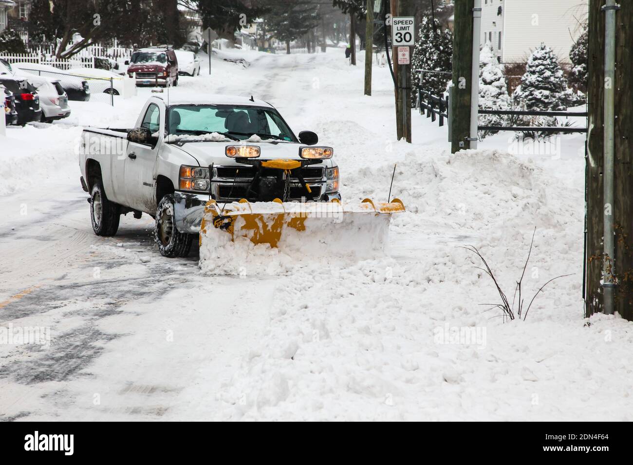 NORWALK, CT, USADECEMBER, 17, 2020 Snow plowing truck on Taylor