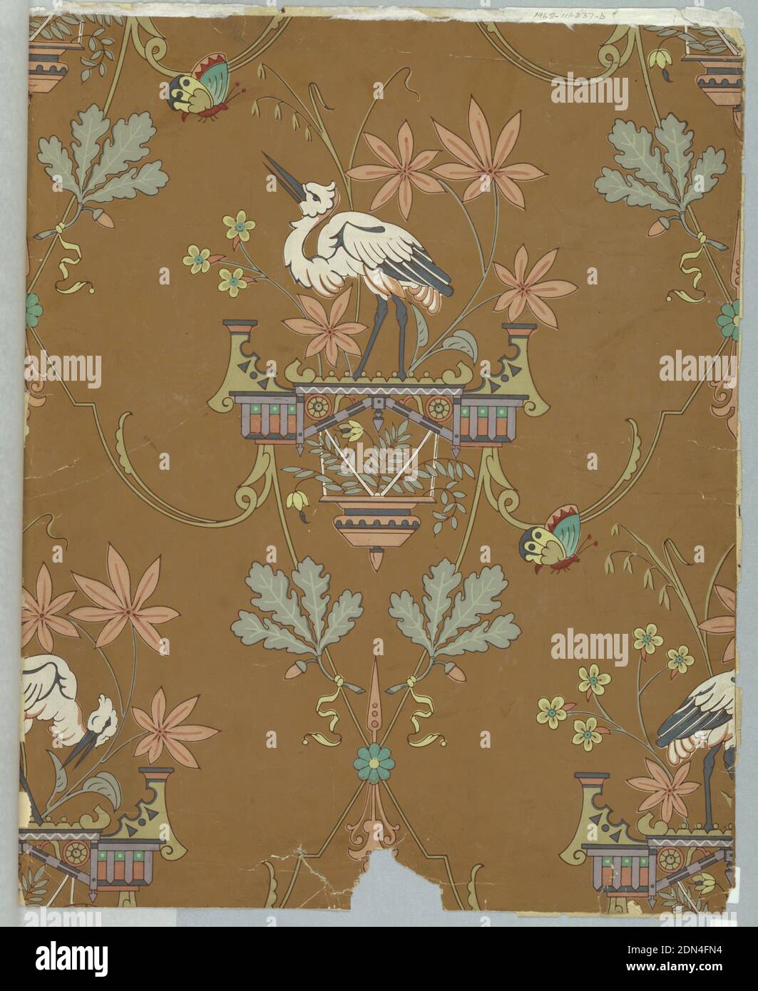Sidewall, Block-printed paper, Chinoiserie design. a) features a white crane on a platform. Leaf clusters having the appearance of maple and oak and butterflies. Printed on a brown ground; b) contains 2 ornate bamboo frames, each with an Asian woman. In the alternating corners are white lilies and foliage. Printed on a deep burgundy ground., England, 1870–85, Wallcoverings, Sidewall Stock Photo