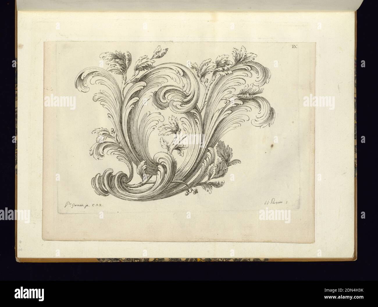 Design for Ornament, Pierre Germain, French, 1703 - 1783, Jacques Jean  Pasquier, French, died 1785, Engraving on paper, Rocaille vegetal ornament  design., France, 1751, ornament, Print Stock Photo - Alamy