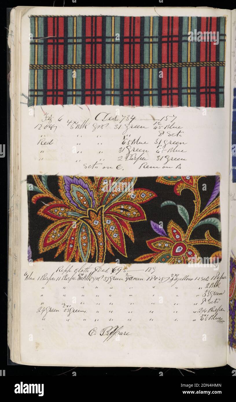 Dyer's record book, Old Pacific Print Works, (Lawrence, MA, USA), Medium: cardboard, paper, and wool Technique: printed plain weave and 2/2 twill, Notebook with handwritten formulas for dyestuffs used for printing textiles. Contains 221 samples in various designs including several printed paisley and challis patterns., Lawrence, Massachusetts, USA, 1870, sample books, Dyer's record book Stock Photo