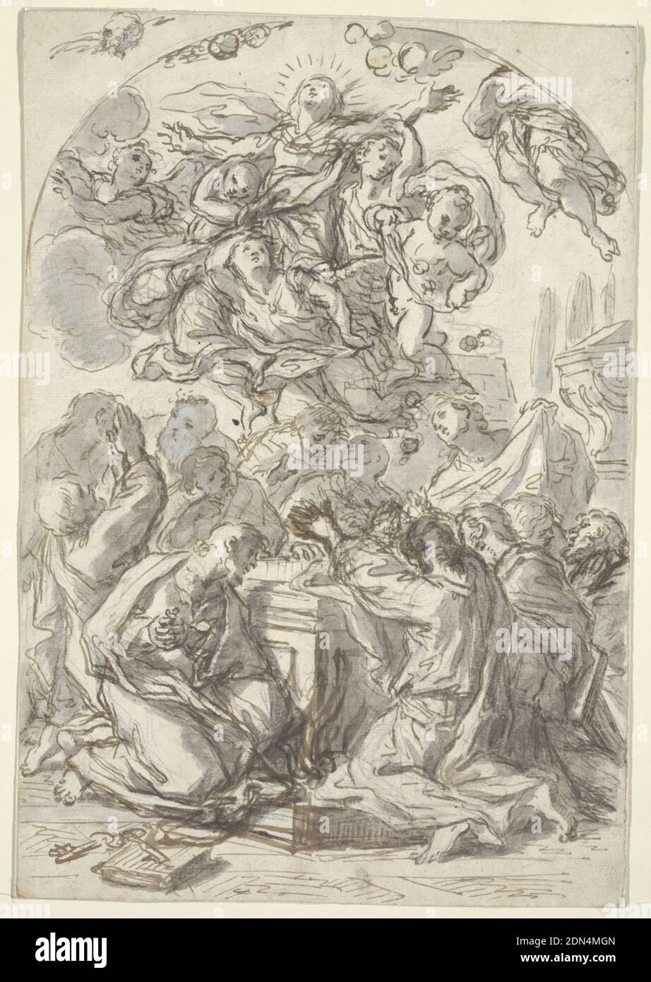 Assumption of the Virgin, Luca Giordano, Italian, 1634 - 1705, Pen and brown ink, brush and gray wash, white gouache, black chalk on cream laid paper, The figure of the Virgin held aloft by putti; below her are figures kneeling in prayer. Verso: head of a woman and child., Italy, 1680–1700, figures, Drawing Stock Photo