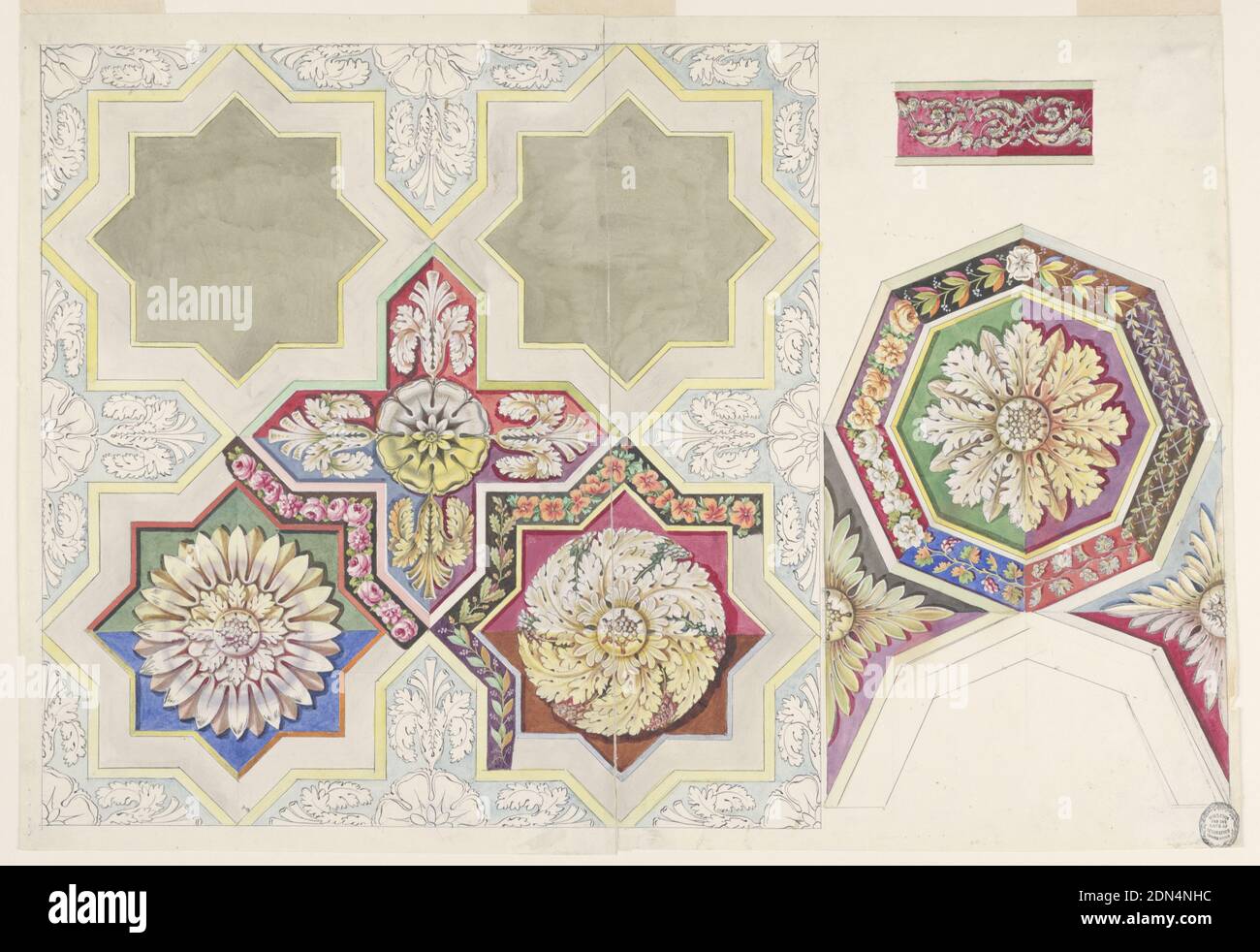 Design for Ceiling, City Hall, Vienna, Austria, Friedrich von Schmidt, German, 1825 - 1891, Brush and watercolor, pen and black ink, graphite on paper, Vertical format. At left, part of a ceiling showing four panels with sixteen sides, a panel shaped like an equal cross, and four halves and four quarters. The cross is decorated with a blossom rosette at center and four palmettes. Two rosettes are suggested for the other panels with four different colorings of the background. Various designs for leaf stems; garlands are suggested for the bands representing the panels. Stock Photo