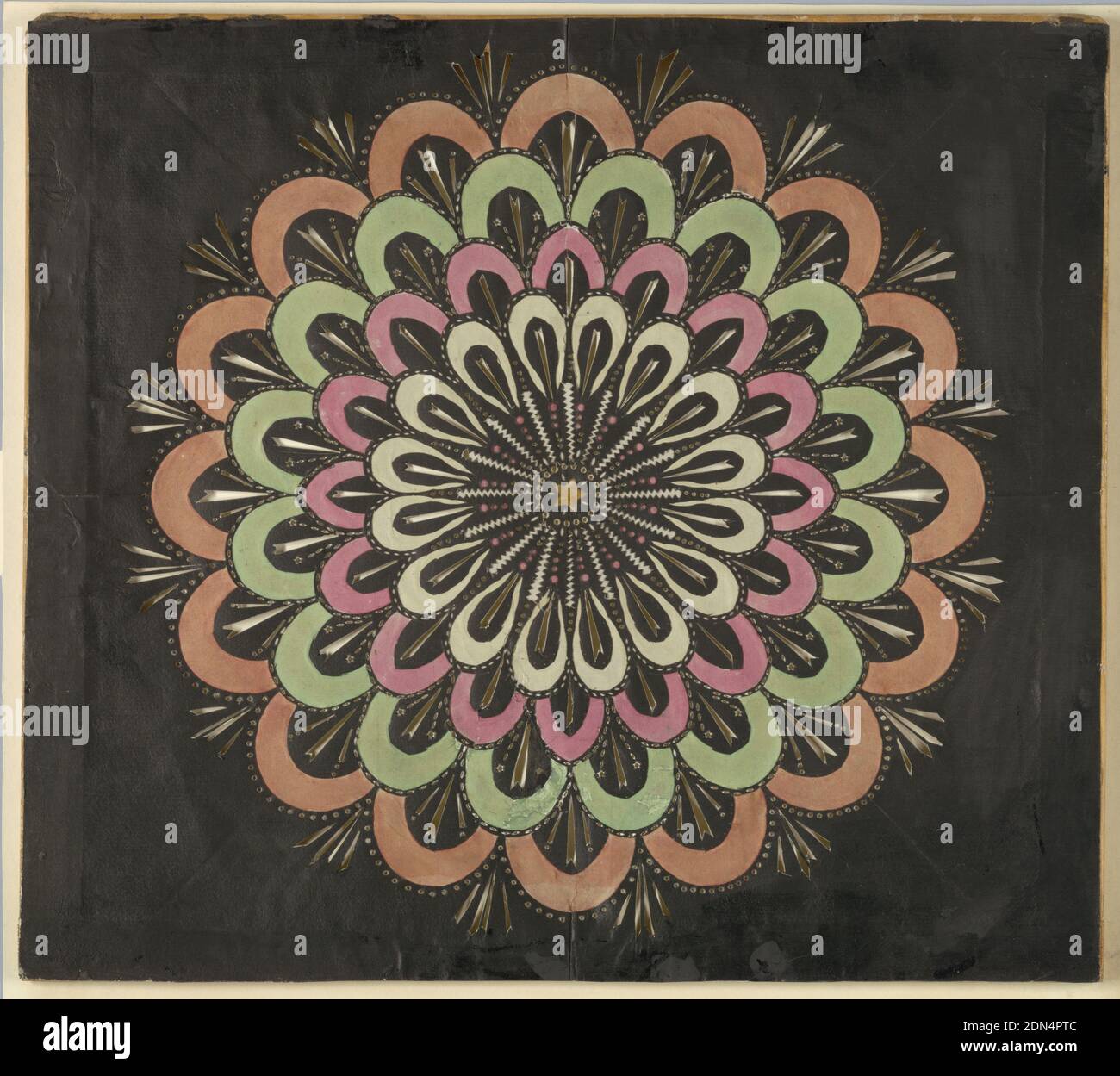 Radiating Raindrop Pattern, Cut paper on wood frame, Magic lantern slide, optical toy. On black field, pierced rays, with four concentric circles composed of deep scallops that from center outward are white, pink, green, and orange. Yellow star at center., Savoy, France, ca. 1780, toys & games, Lantern slide, Lantern slide Stock Photo