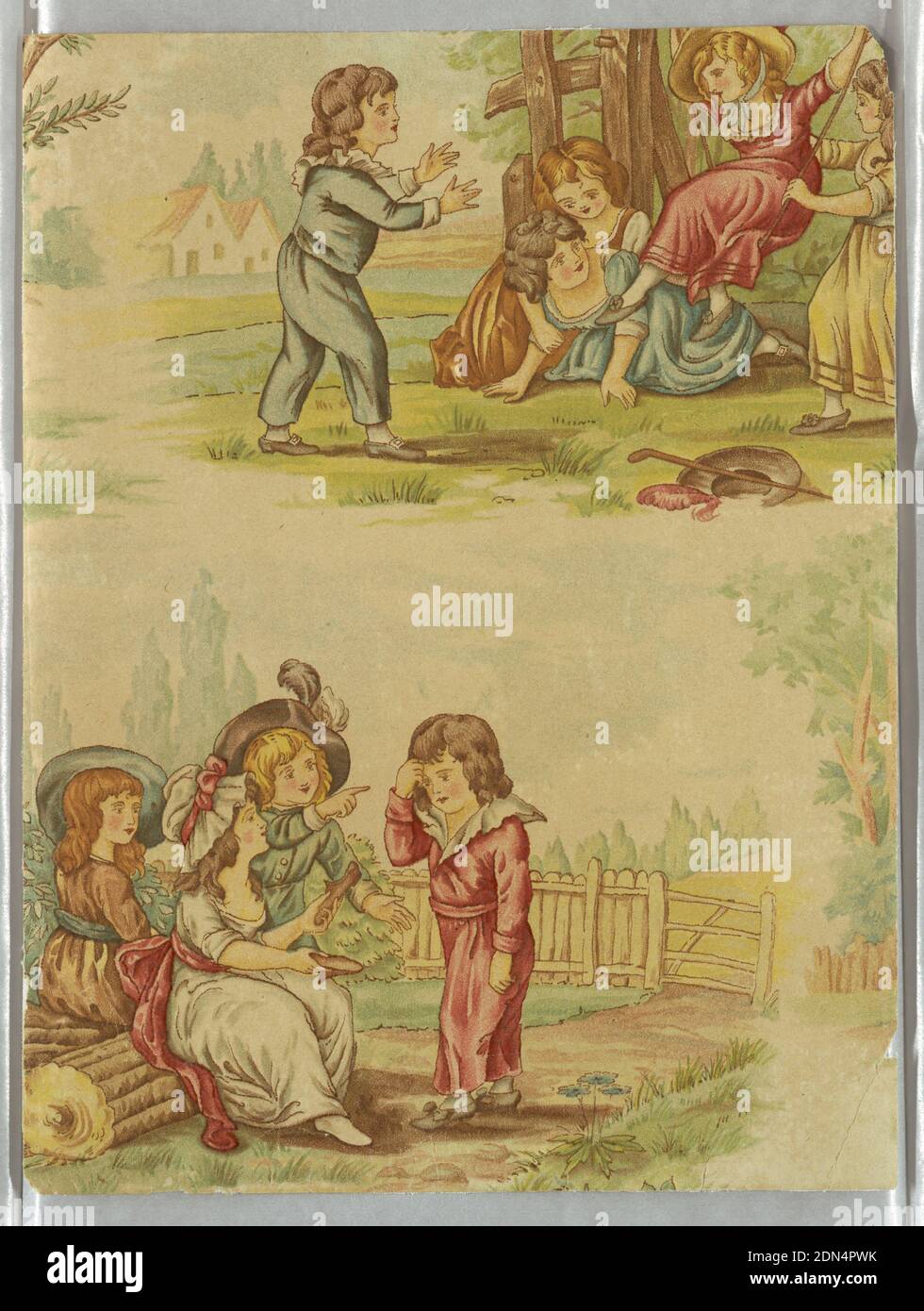 Sidewall, Intaglio printed, Vertical rectangle, with portion of two groups of playing children dressed in the style of the late 18th century, with landscape settings. Upper right, children at a swing; lower left, children seated in a garden. Intaglio-printed in colors., possibly USA, ca. 1885, Wallcoverings, Sidewall Stock Photo