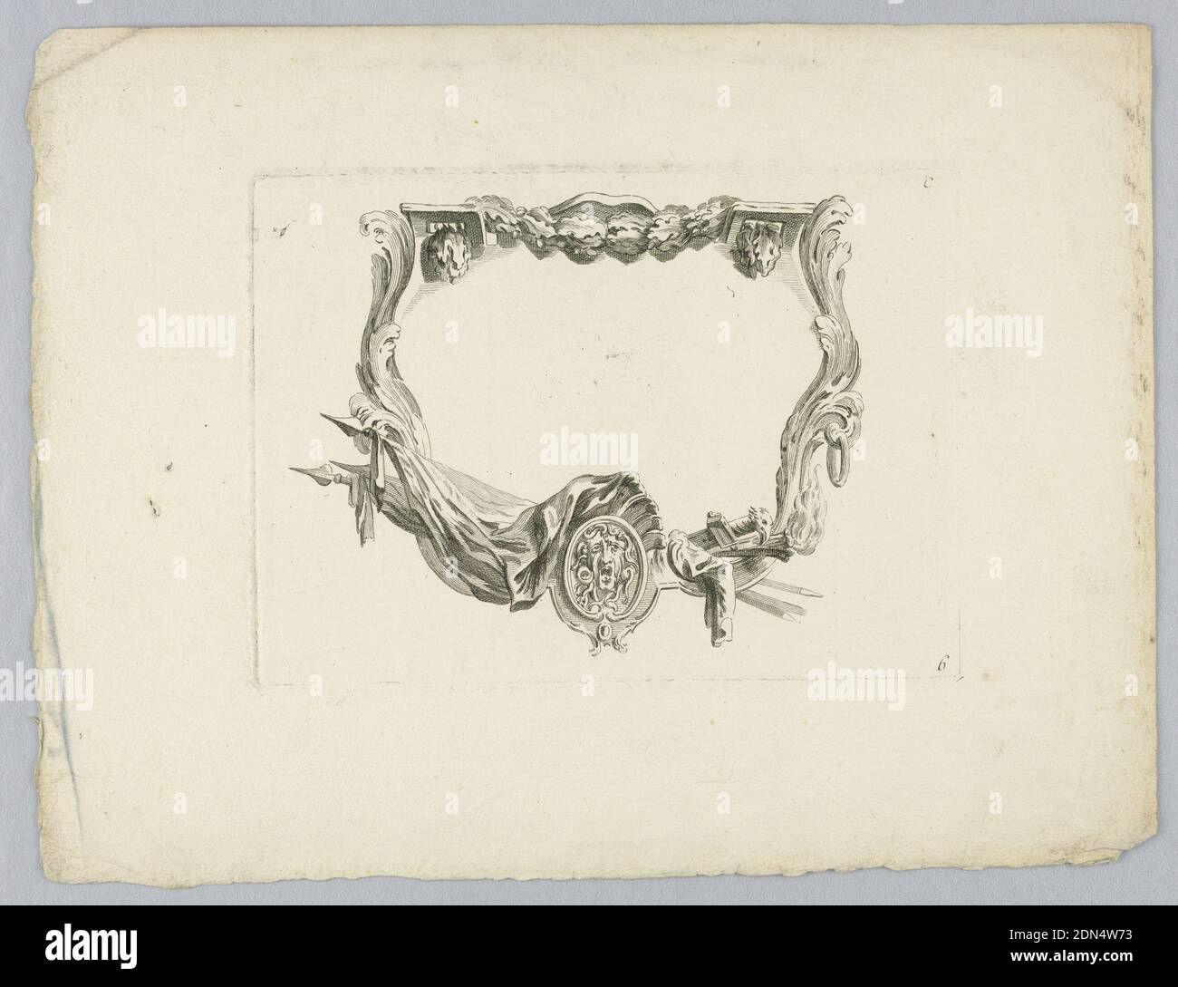 Escutcheon, Plate 6 of Cahier de Cartouches, Set C, P.P. Choffard, French, 1730–1809, Etching on paper, Tablet with a garland, leaf scrolls, a trophy of arms. A Medusa, bottom cetner. Right corners: top: 'C'; bottom '6'., France, ca. 1760, Print Stock Photo