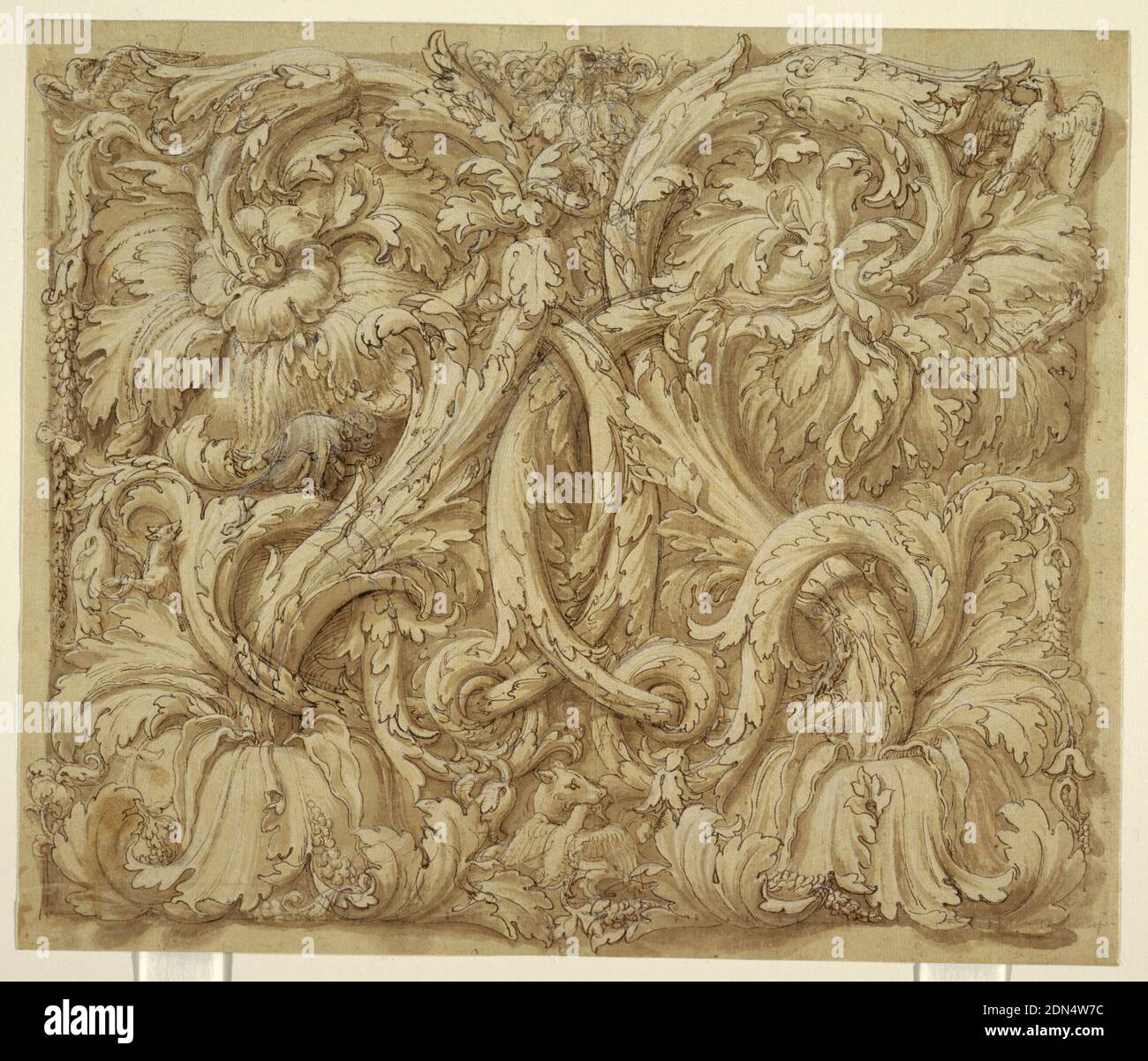 Design for Acanthus Rinceaux with Animals and Birds, Pen and brown ink, brush and brown wash, white gouache; scale in graphite added on each side; curving stroke (of a letter?) in pen and brown ink cut off on lower center of sheet, Symmetrical arrangement of interlaced acanthus rinceaux interspersed with animals and birds. Included are salamanders and eagles which are possible references to Federico Gonzaga and family who were important patrons of Giulio Romano., Italy, 1524–46, ornament, Drawing Stock Photo