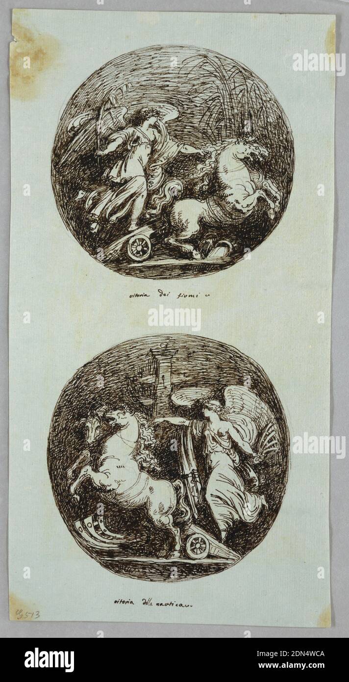 Two Roundels with Victories in Chariots; River Victory, Felice Giani, Italian, 1758–1823, Pen and brown ink over traces of graphite on light blue paper, Chariot of Victory, who holds reed, is directed toward right in swampy county. Chariot of Victory holding quadrant directed toward left. Nostral column shown in background., Italy, 1798–1800, figures, Drawing Stock Photo