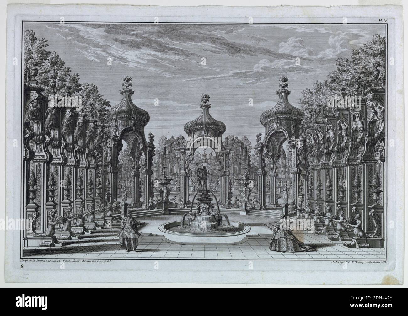 Stage Design: Garden Scene with a Fountain, Part V, Plate 8, 'Architettura e Prospettive,' Augsburg, Giuseppe Galli Bibiena, Italian, 1696–1756, Johann Andréas Pfeffel, German, 1674–1748, Etching with engraving in black ink on white paper, Horizontal rectangle. Two figures in a garden scene with a fountaion surmounted by a statue of Neptune in the center of the stage, and three onion-domed arches behind, with landscape and architecture beyond., Italy, 1740–44, theater, Print Stock Photo